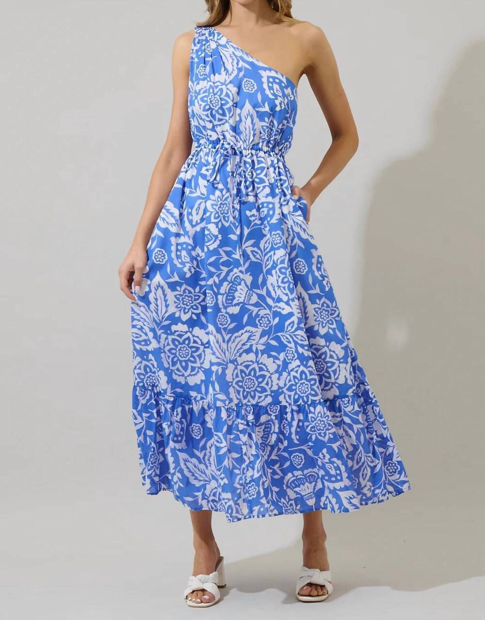 NEW SUGARLIPS bonnie one sleeve maxi dress in blue/white